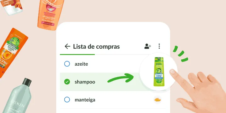 Lista de compras em que o shampoo marcado abre uma foto do frasco exato