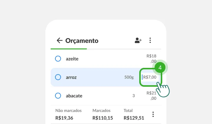 Um dedo toca no campo de preço ao lado do arroz, com os totais da lista abaixo
