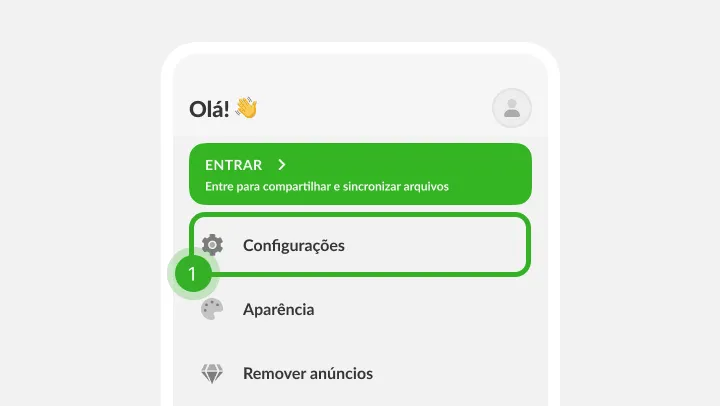 Menu do perfil com banner de login e a linha da engrenagem marcada como passo um