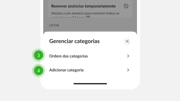 Painel de categorias com ordenar e adicionar marcados como passos três e quatro