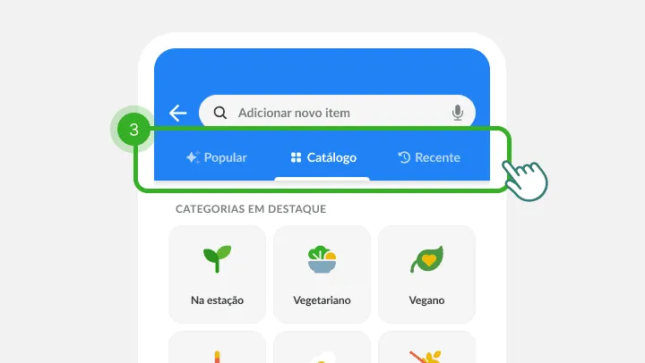 Tela de busca de itens com as três abas como passo três, acima das categorias