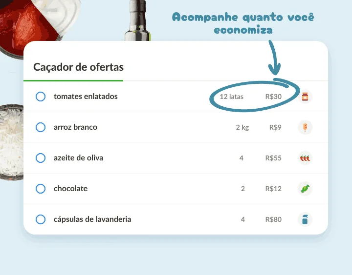 Lista de compras no atacado, como 12 latas de tomate e 2 kg de arroz, com preços