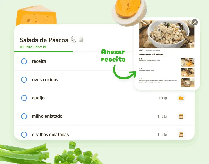 Lista de salada com ovos, queijo, milho e ervilha e prévia de receita anexada