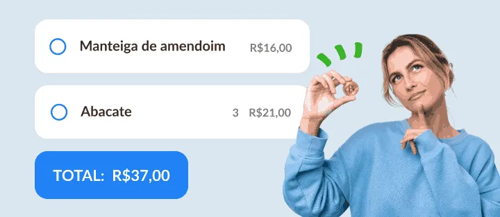 Mulher pensativa com uma moeda ao lado de dois itens com preços e a soma deles