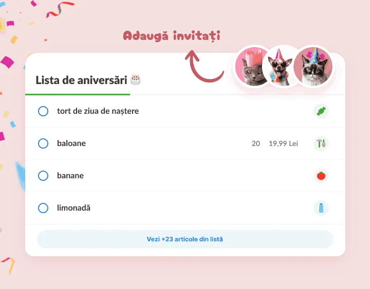 Listă de aniversare cu tort, baloane și limonadă și pisici cu coif ca invitați
