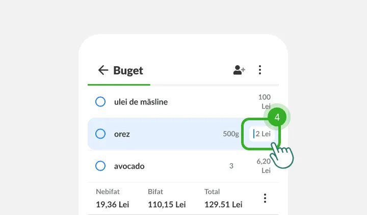 Un deget atinge câmpul de preț de lângă orez, cu totalurile listei dedesubt