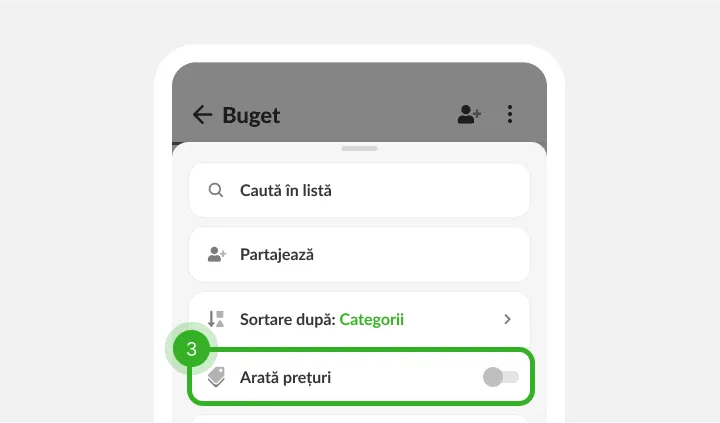 Meniul listei cu căutare, partajare, sortare și comutatorul de prețuri oprit
