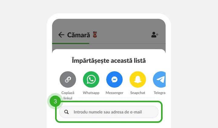 Meniu de partajare cu iconițe de mesagerie și un câmp pentru nume sau e-mail