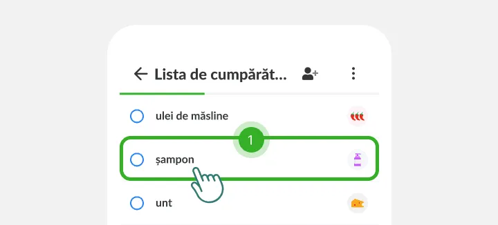 Un deget atinge șamponul dintre ulei de măsline și unt pe lista de cumpărături