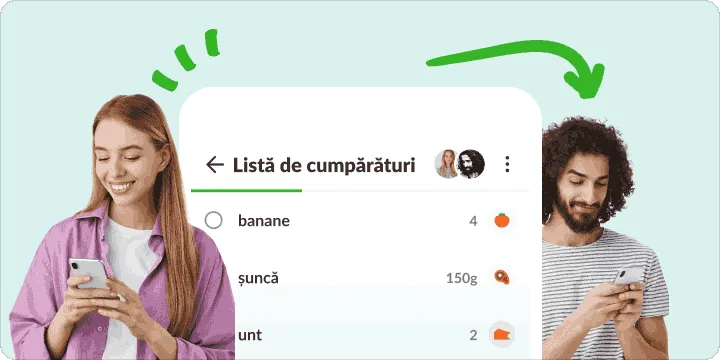 O femeie și un bărbat la telefoane, cu o listă de cumpărături comună între ei
