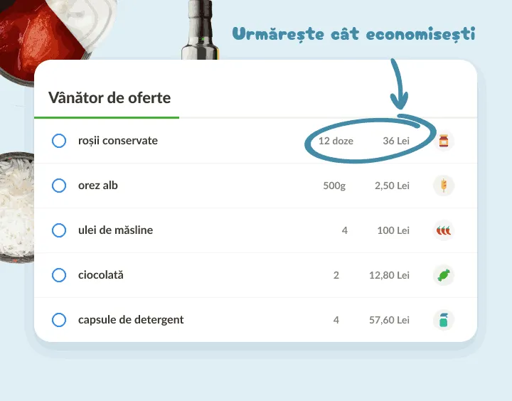 Listă de cumpărături mari, ca 12 doze de roșii și 500 g de orez, cu prețuri