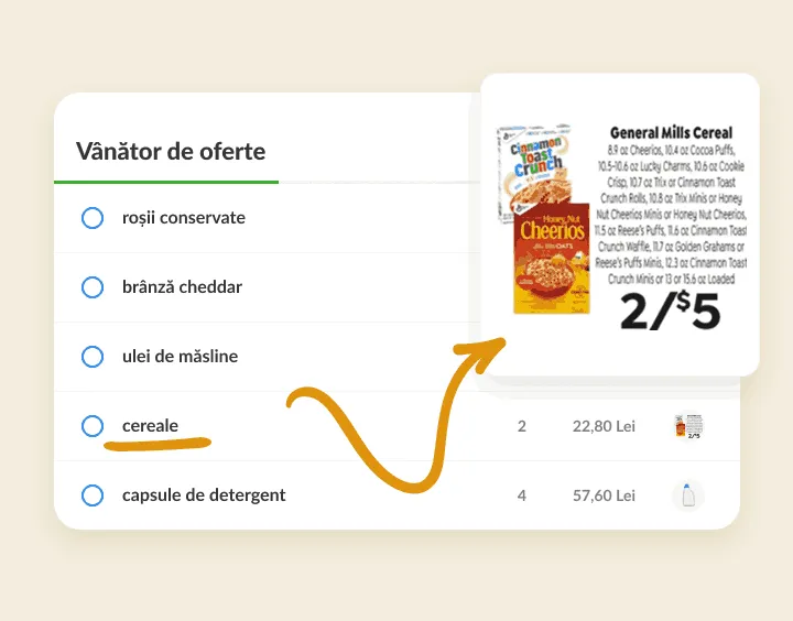 Cereale pe lista de oferte, legate de un decupaj din pliant cu o ofertă