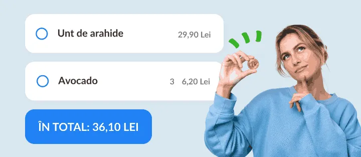 Femeie gânditoare cu o monedă lângă două articole cu prețuri și suma lor