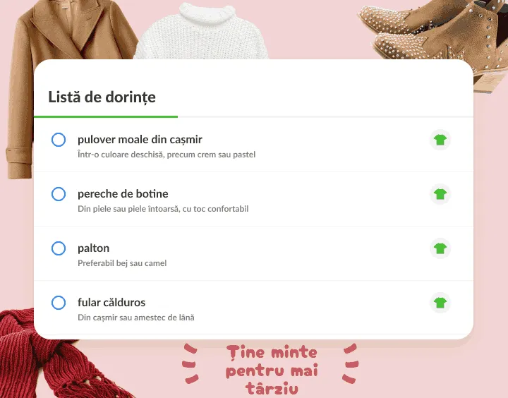 Listă de dorințe cu haine: pulover, botine, palton și fular, fiecare cu o notă