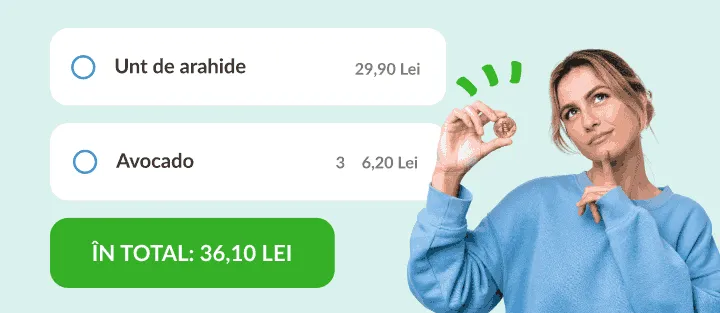 Femeie cu o monedă lângă unt de arahide și avocado, cu prețuri și total