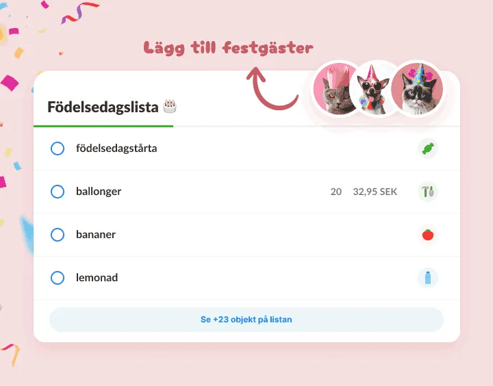 Födelsedagslista med tårta, ballonger och lemonad, gästerna är djur i partyhatt