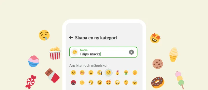 Skärm för ny kategori med ett eget namn för snacks och emojiväljare, bland godis