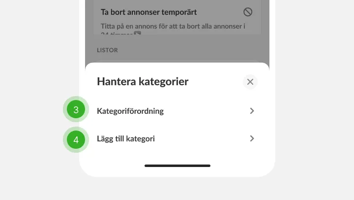 Kategoripanel med val för ordning och tillägg, markerade som steg tre och fyra