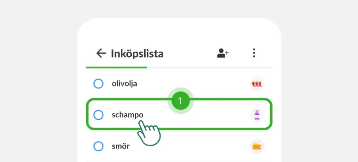 Ett finger trycker på schampo mellan olivolja och smör på en inköpslista