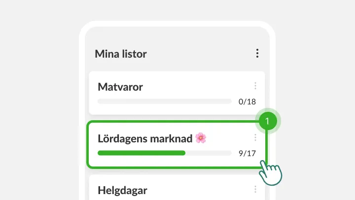 Mina listor med listan Lördagens marknad markerad under ett tryckande finger