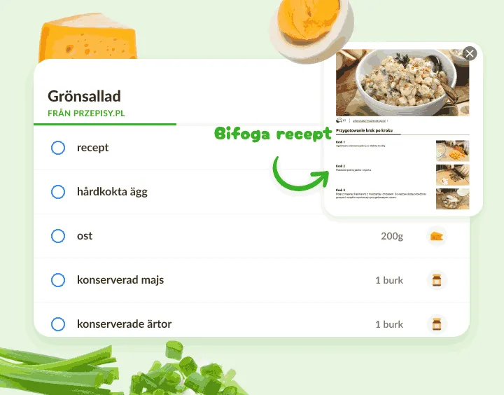 Salladslista med ägg, ost, majs och ärtor och en förhandsvisning av ett recept