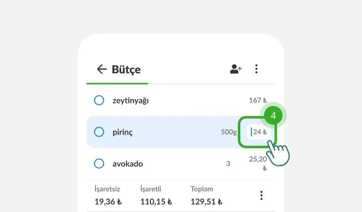 Parmak pirincin yanındaki fiyat alanına dokunuyor, altta liste toplamları