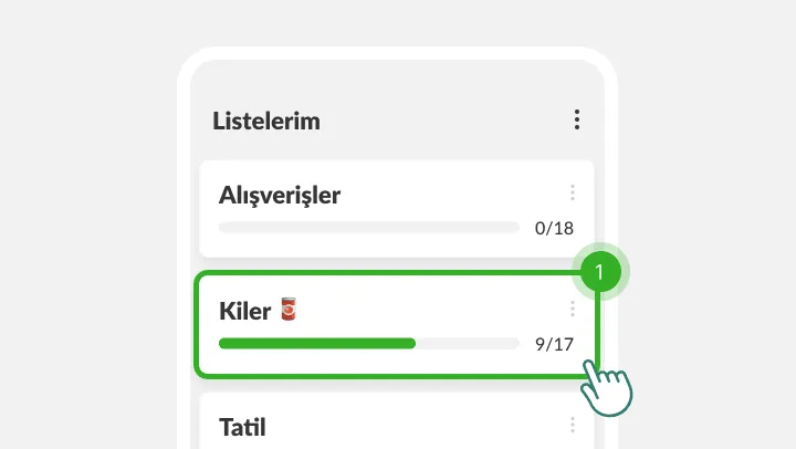 Listelerim ekranı, dokunan parmağın altında Kiler listesi vurgulanmış