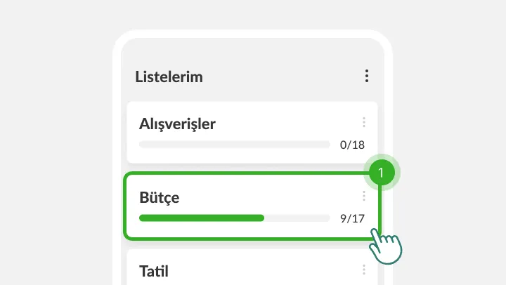 Listelerim ekranı, dokunan parmağın altında Bütçe listesi vurgulanmış