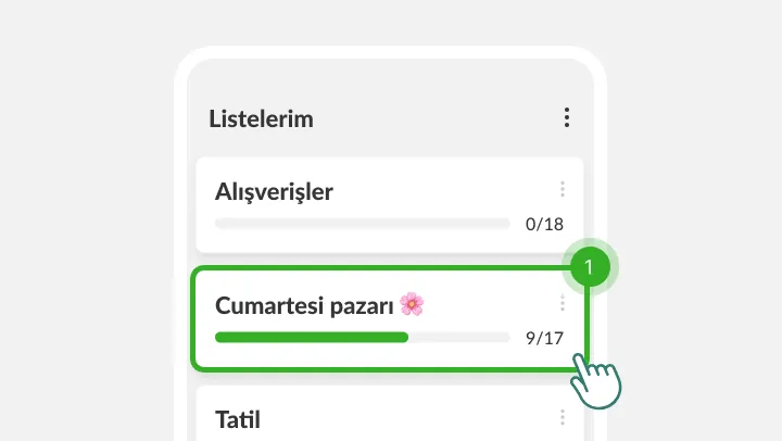 Listelerim ekranı, dokunan parmağın altında Cumartesi pazarı listesi vurgulanmış