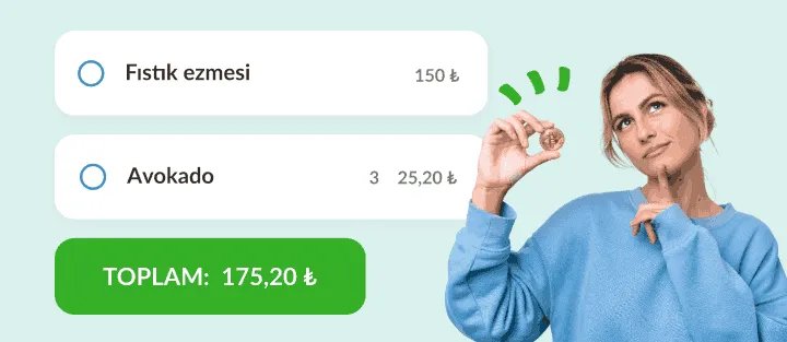 Madeni para tutan kadın, yanında fiyatlı fıstık ezmesi, avokado ve toplam