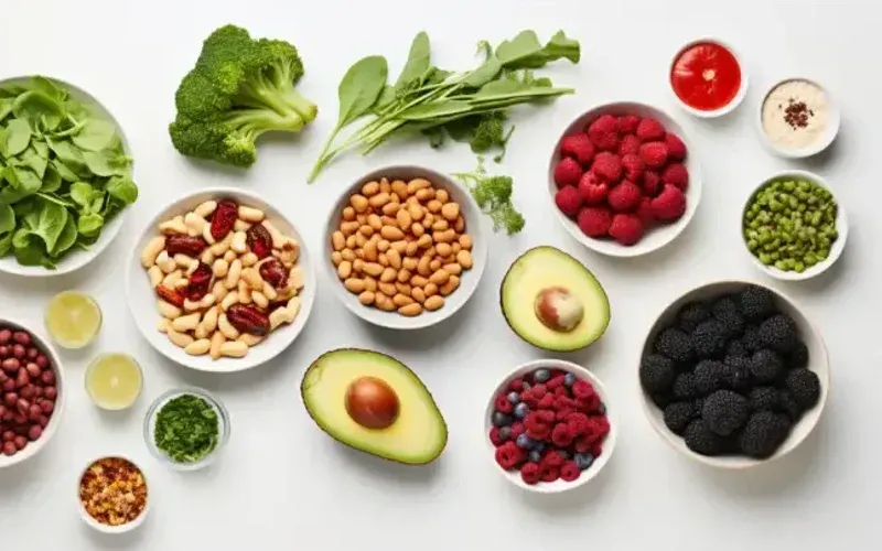 Small bowls of ingredients and dishes for the 7-day vegan weight-loss meal plan, shot from above