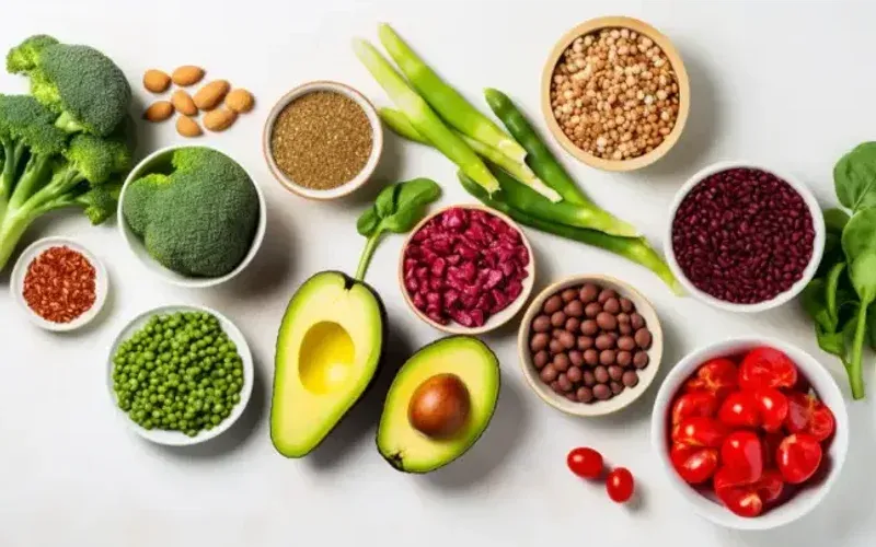 Small bowls of ingredients and dishes for the 7-day vegan meal plan, shot from above