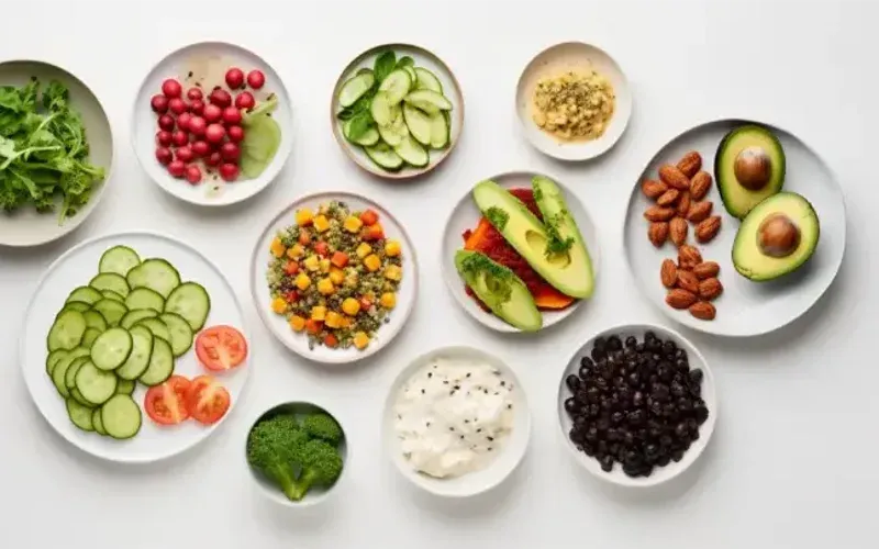Small bowls of ingredients and dishes for the 7-day vegetarian meal plan, shot from above