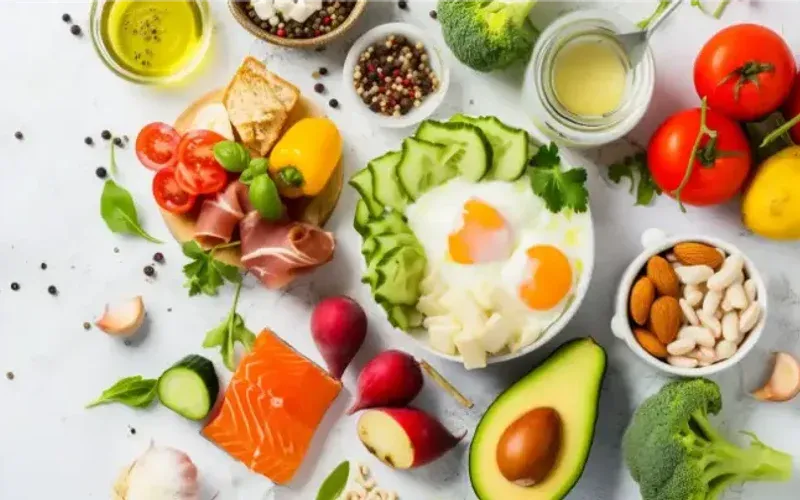 Small bowls of ingredients and dishes for the keto vegetarian meal plan, shot from above