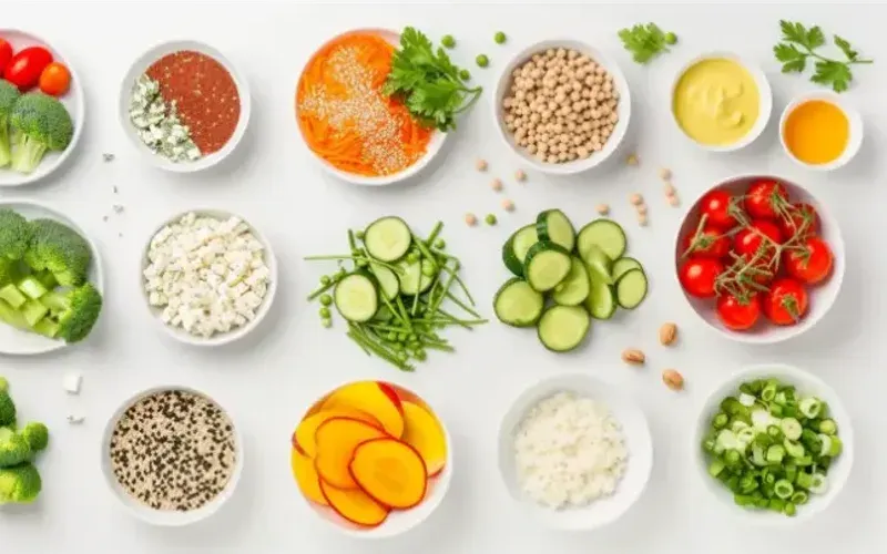 Small bowls of ingredients and dishes for the one-day vegetarian meal plan, shot from above