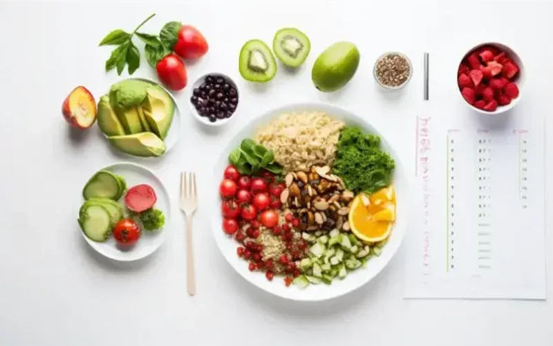 Small bowls of ingredients and dishes for the vegan weight-loss meal plan, shot from above