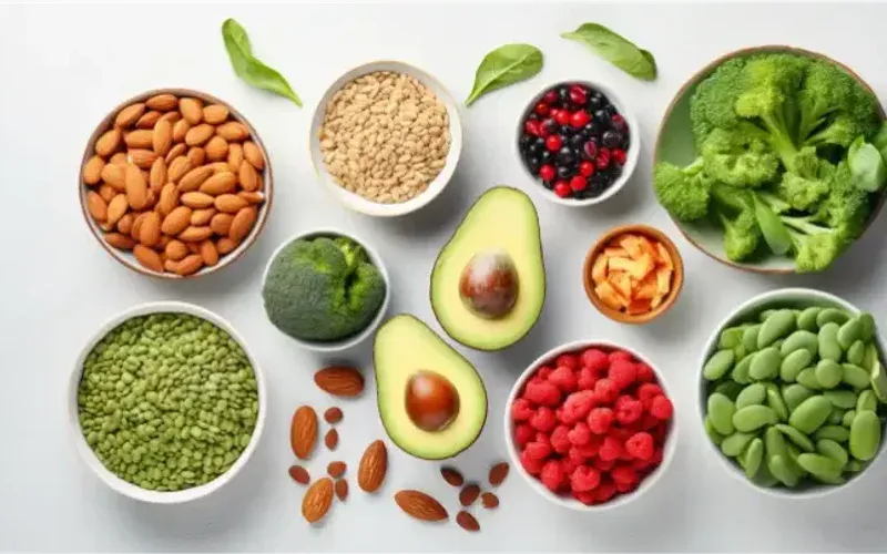 Small bowls of ingredients and dishes for the vegan meal plan, shot from above