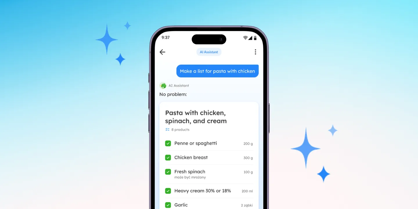The Listonic AI assistant turning the prompt "Make a list for pasta with chicken" into a list of penne, chicken breast, spinach, cream and garlic.
