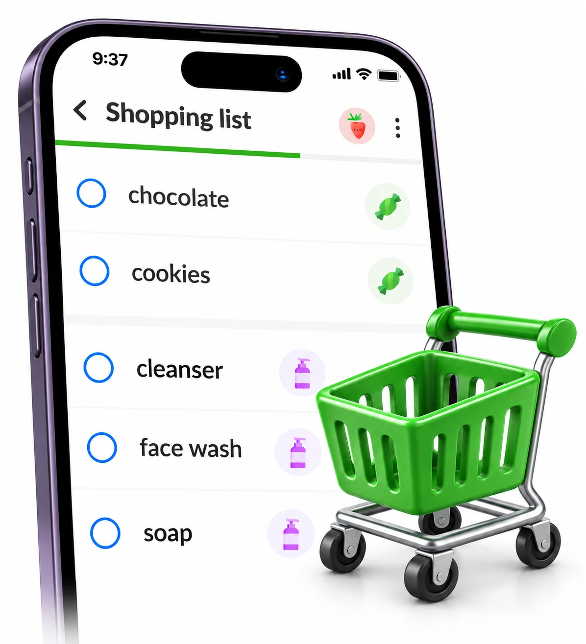 Rayons Listonic à côté d'un caddie vert