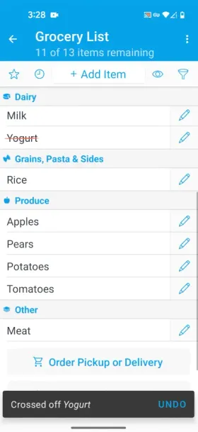 Liste de courses dans AnyList avec les produits groupés par catégories
