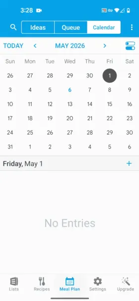 Vue calendrier de la planification des repas dans AnyList avec les recettes réparties sur les jours de la semaine