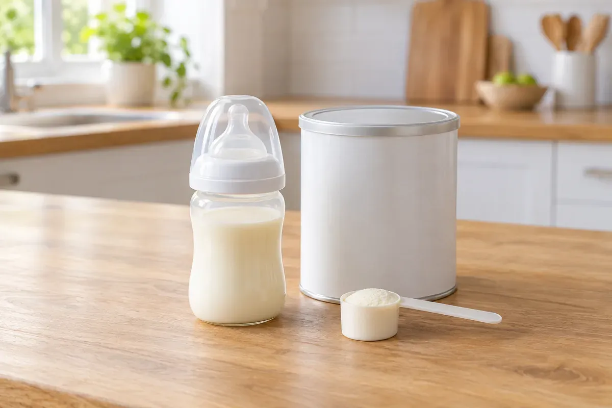 Babyflasche mit Milch und Messlöffel neben einer Babymilchdose ohne Etikett
