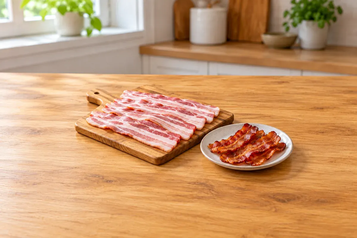 Rohe Baconstreifen auf Holzbrett, daneben ein Teller mit knusprigem Bacon
