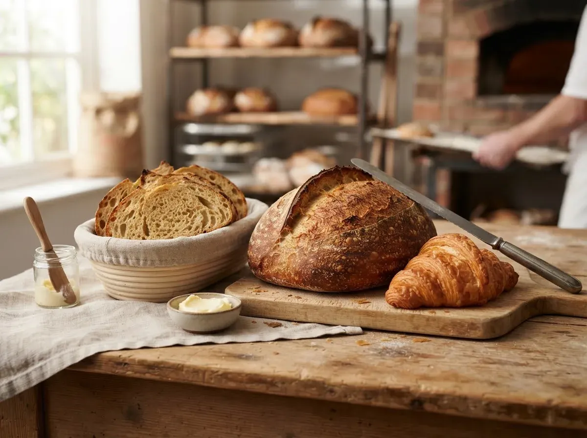 Ein Sauerteigbrot, Brotscheiben und ein Croissant auf einem Bäckereitisch