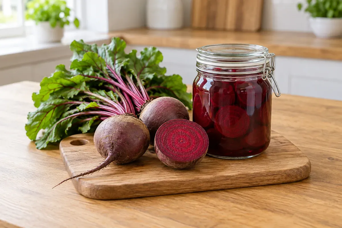 Rote Bete mit Blättern, eine aufgeschnitten, neben einem Glas eingelegter Bete