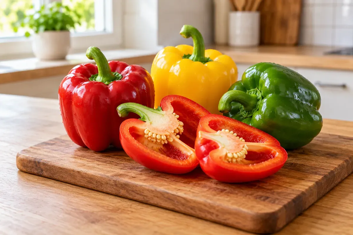 Rote, gelbe und grüne Paprika auf einem Brett, eine davon aufgeschnitten