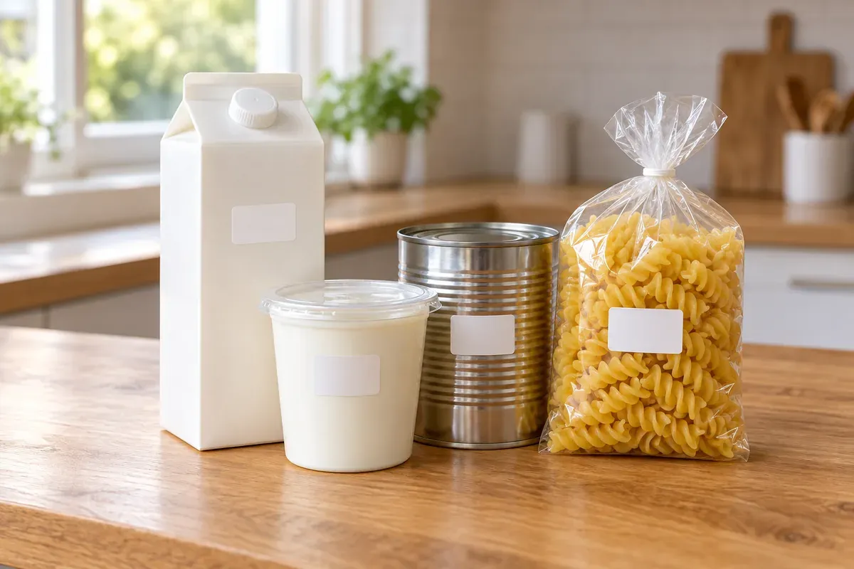 Milchkarton, Joghurtbecher, Dose und Nudeln mit leeren Datumsetiketten