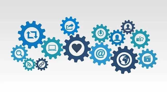 A cluster of blue and teal cogwheels, each carrying an app icon