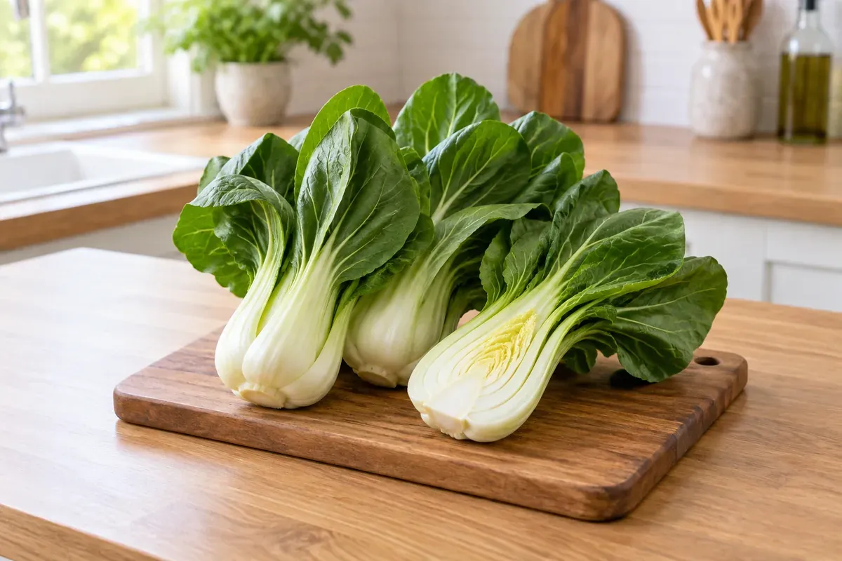Pak Choi auf einem Brett, ein Kopf der Länge nach halbiert