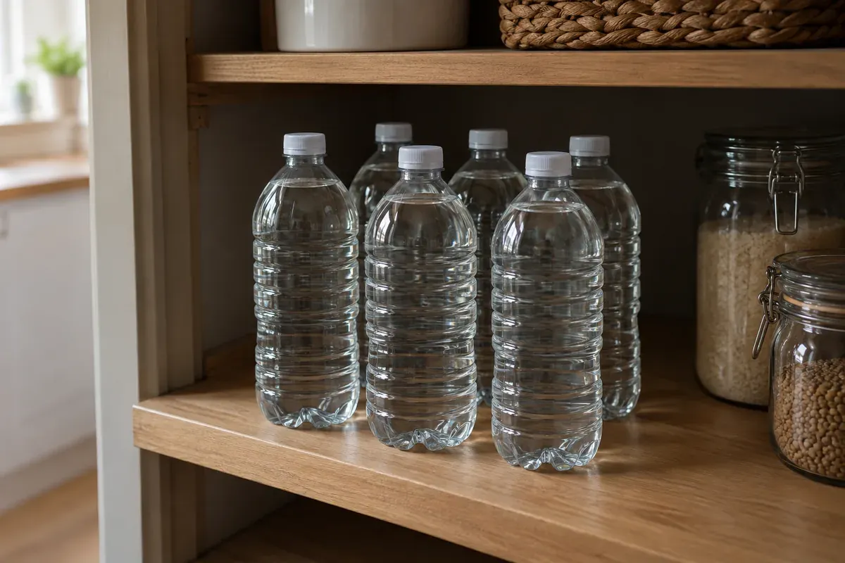 Wasserflaschen ohne Etikett auf einem kühlen, dunklen Regal im Vorratsschrank